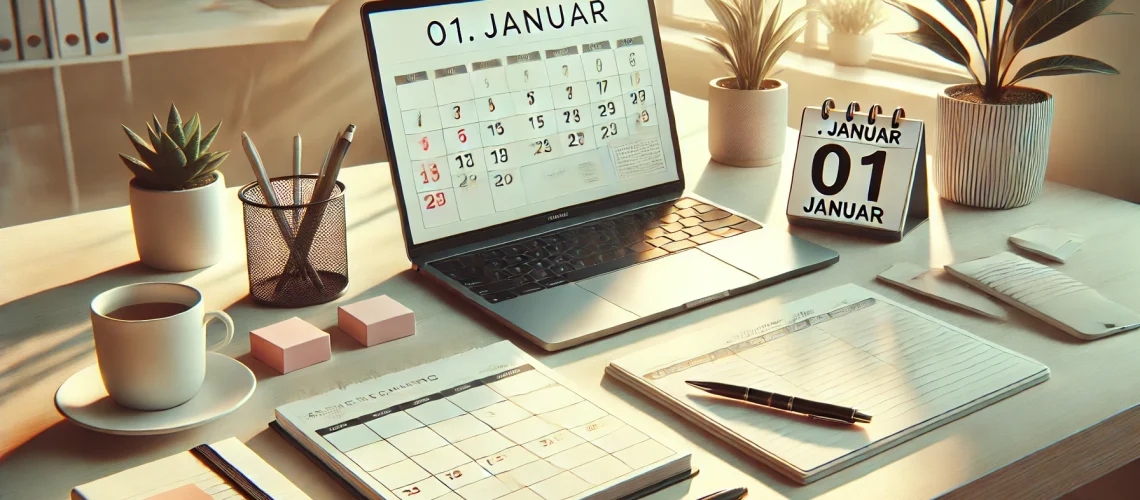 Schreibtisch mit Kalender, der den 01. Januar anzeigt